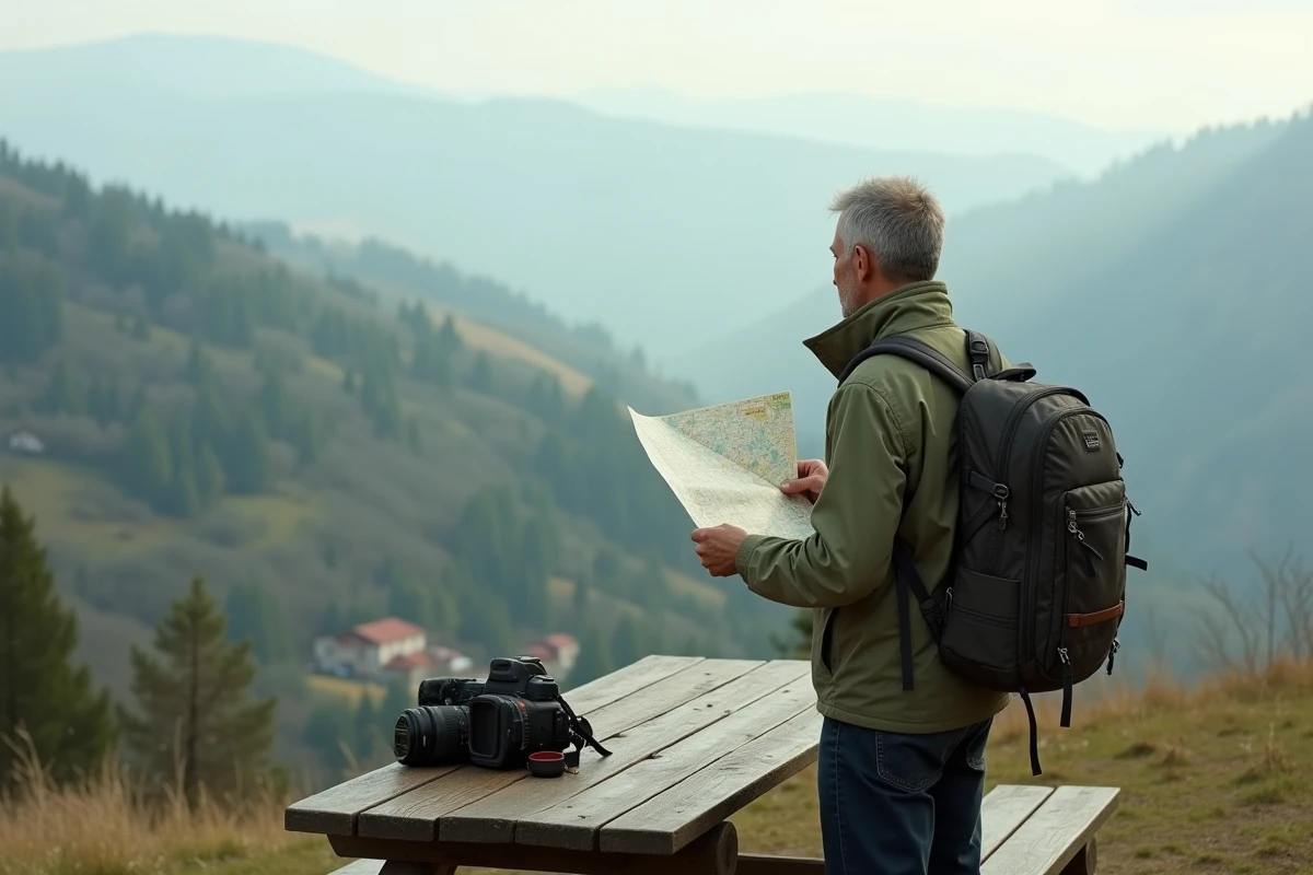 Randonneur consultant une carte topographique au sommet d'un belvédère avec une vue panoramique sur une vallée verdoyante