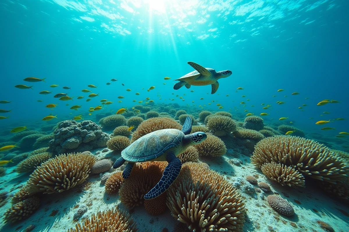 Récif corallien coloré avec une tortue marine et un banc de poissons tropicaux dans des eaux turquoise claires
