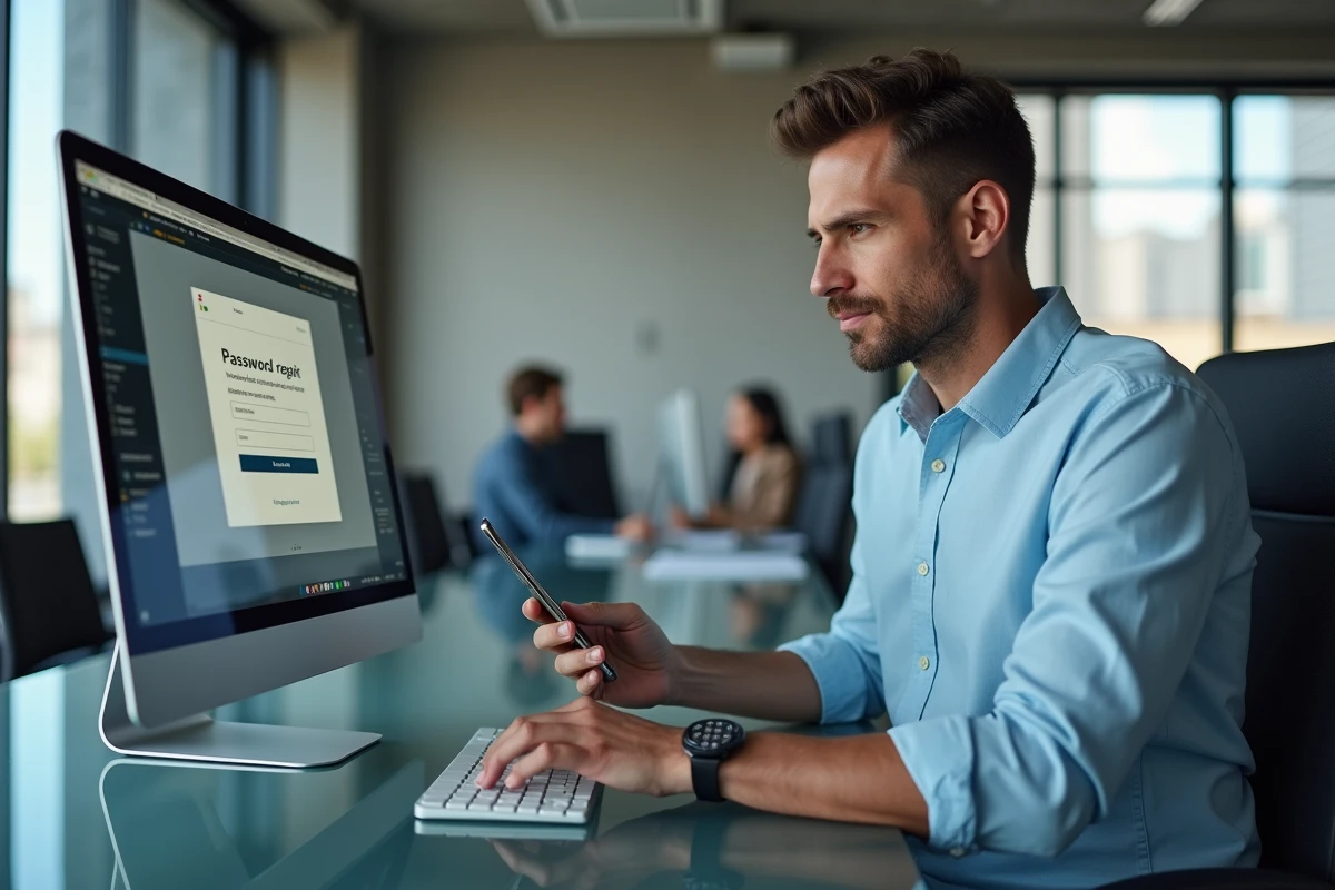 Homme en train de réinitialiser son mot de passe sur l'espace personnel Nexity depuis un bureau professionnel