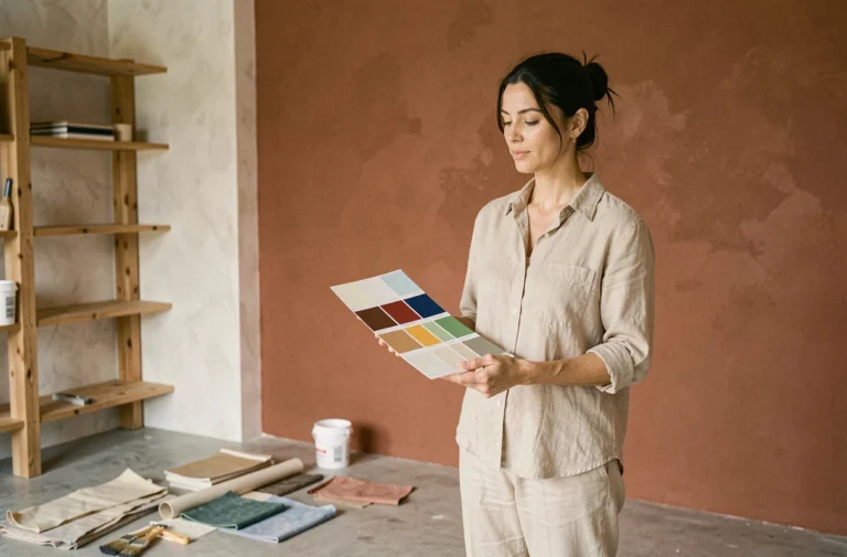Femme choisissant une couleur de peinture pour rénover son salon avec un mur en terra cotta et des éléments de décoration naturels