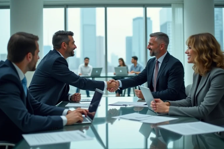 Deux professionnels en costume signent un accord commercial BtoB autour d'une table de réunion en verre dans un bureau moderne