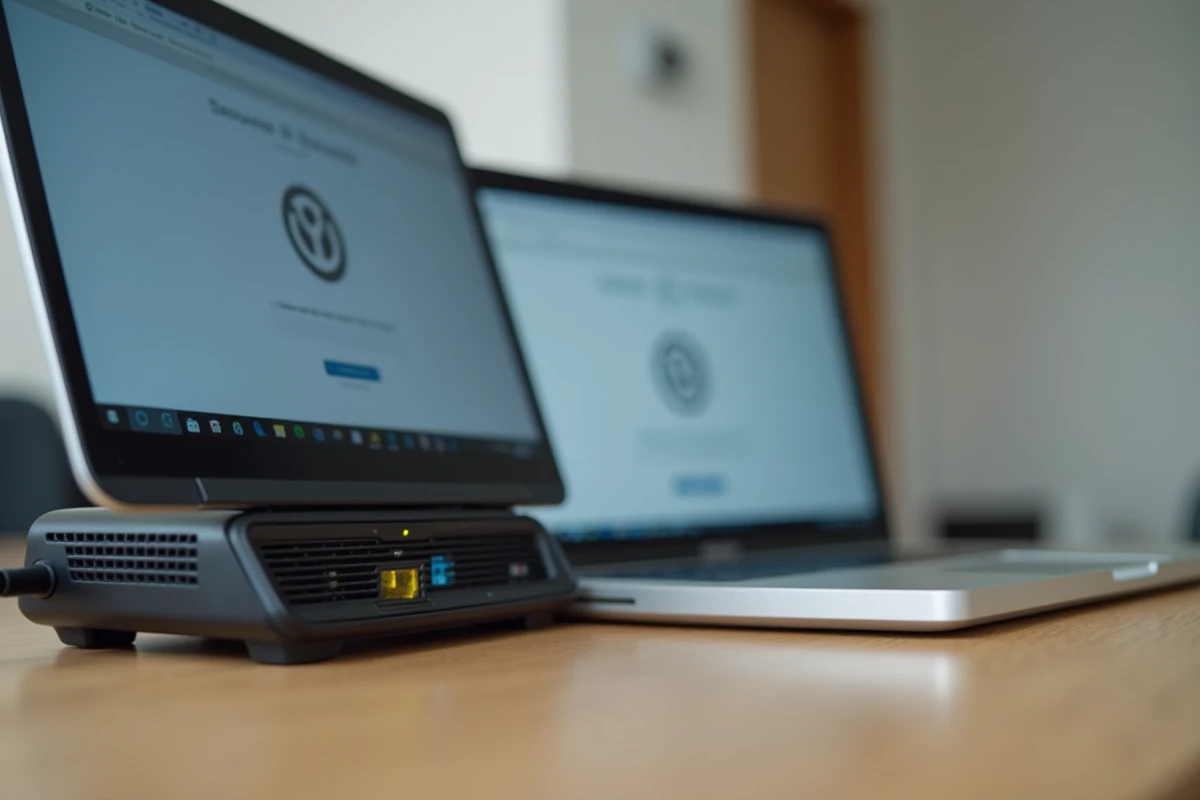 Routeur internet et ordinateur portable affichant une interface de connexion sécurisée sur un bureau en bois pour accès à un service en ligne