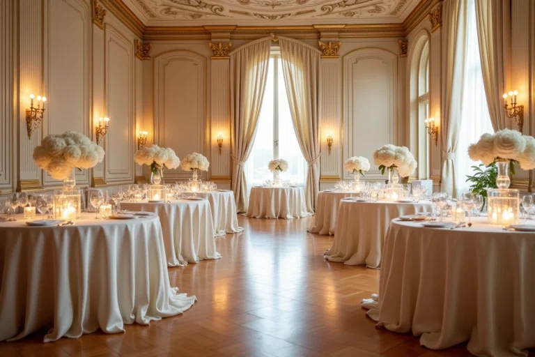 Salle de réception de mariage féerique dans un salon parisien orné de dorures, tables fleuries de pivoines blanches et bougies en cristal
