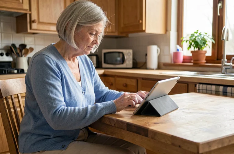 Senior femme utilisant une tablette adaptée avec de grandes icônes pour faciliter le quotidien à domicile