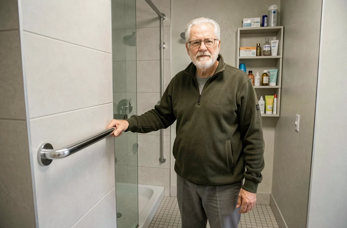 Senior homme utilisant une barre d'appui dans une salle de bain adaptée pour une meilleure autonomie