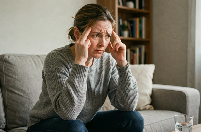 Femme de 38 ans assise sur un canapé tenant ses tempes avec les mains, exprimant fatigue et confusion, symptômes atypiques Covid variant 2026