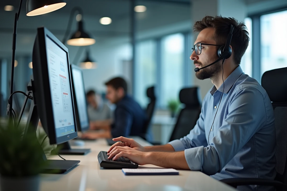Télévendeur avec casque audio devant deux écrans dans un open space, travaillant sur une formation CPF