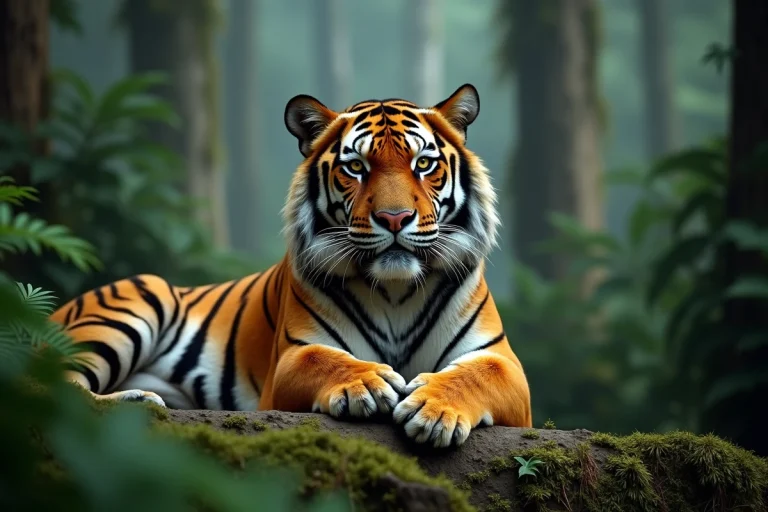 Tigre du Bengale au repos dans une forêt tropicale dense, regard perçant et fourrure rayée en gros plan