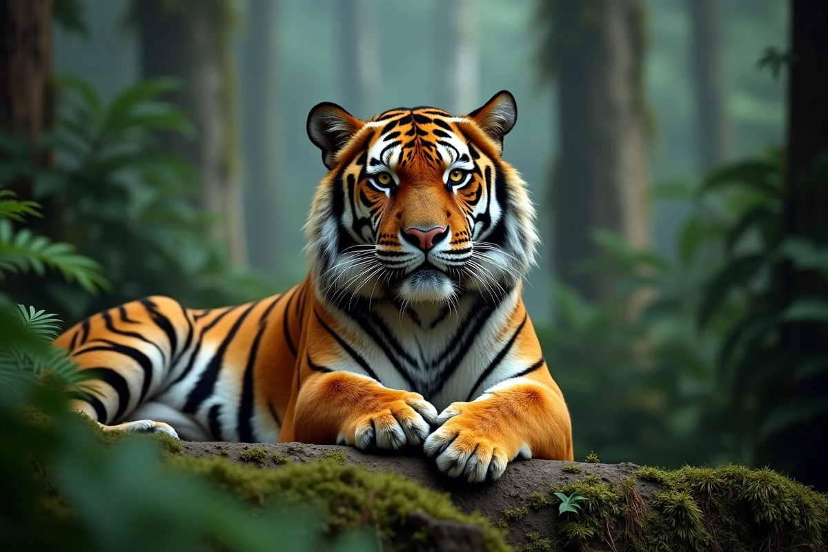 Tigre du Bengale au repos dans une forêt tropicale dense, regard perçant et fourrure rayée en gros plan