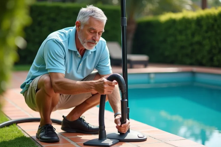 Homme utilisant une prise balai pour connecter un aspirateur de piscine au bord d'une piscine résidentielle