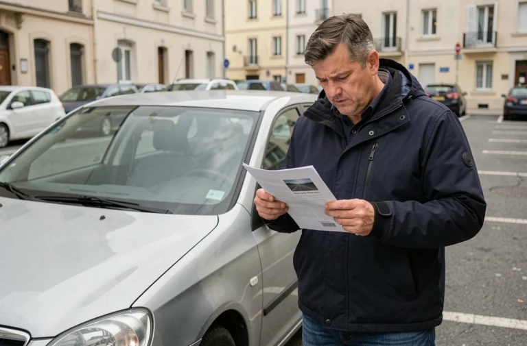 Homme vérifiant le classement RSV de sa voiture dans un parking urbain avec un document officiel