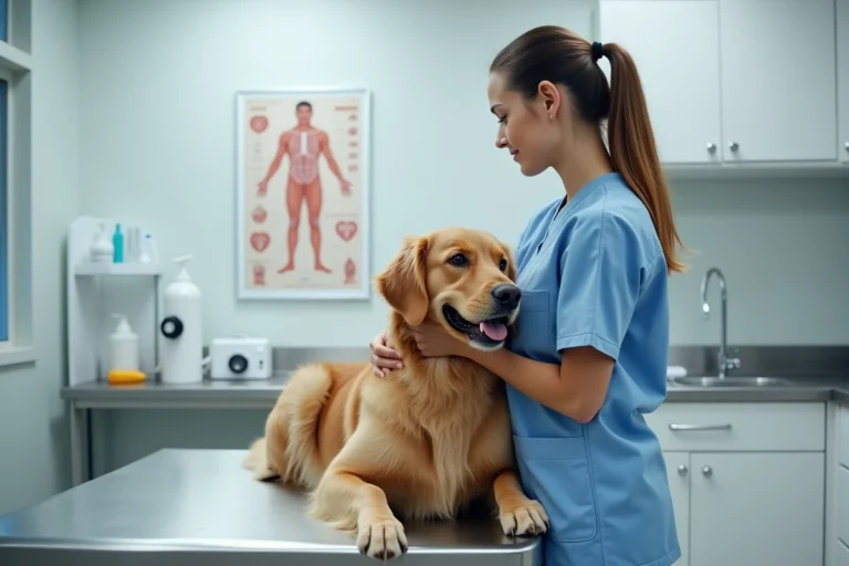 Vétérinaire en consultation examinant un golden retriever dans une clinique vétérinaire moderne, illustrant l'importance de l'assurance santé animale